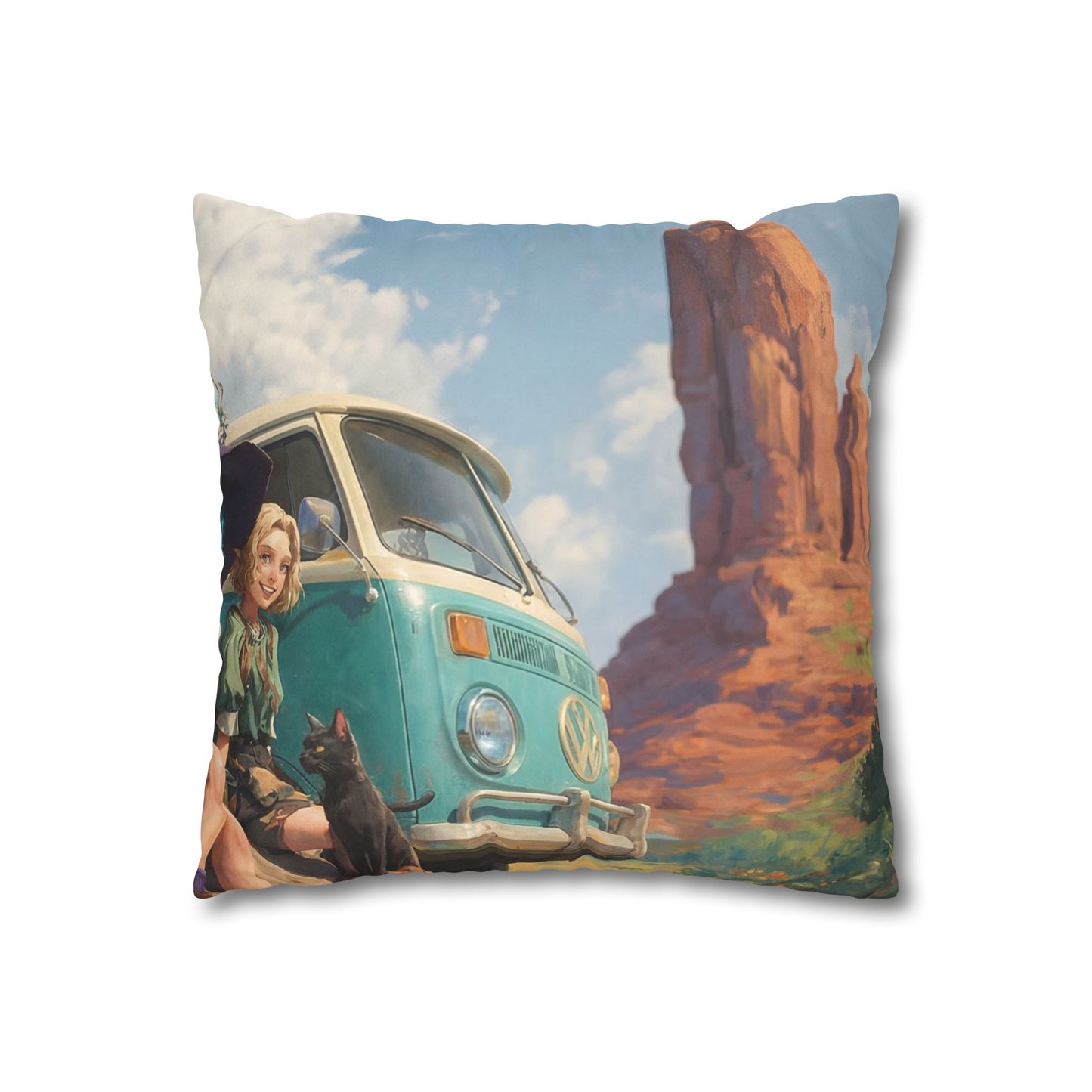 Wagon Ride Faux Suede Square Pillowcase – Desert Camper Adventure Scene
