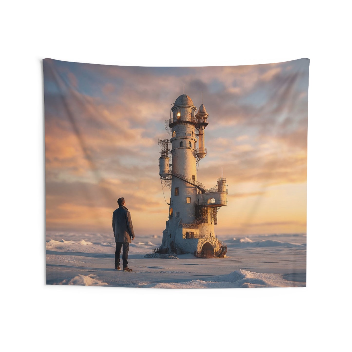 Solitary Lighthouse Wall Tapestry – Warm Glow Against Frozen Skies