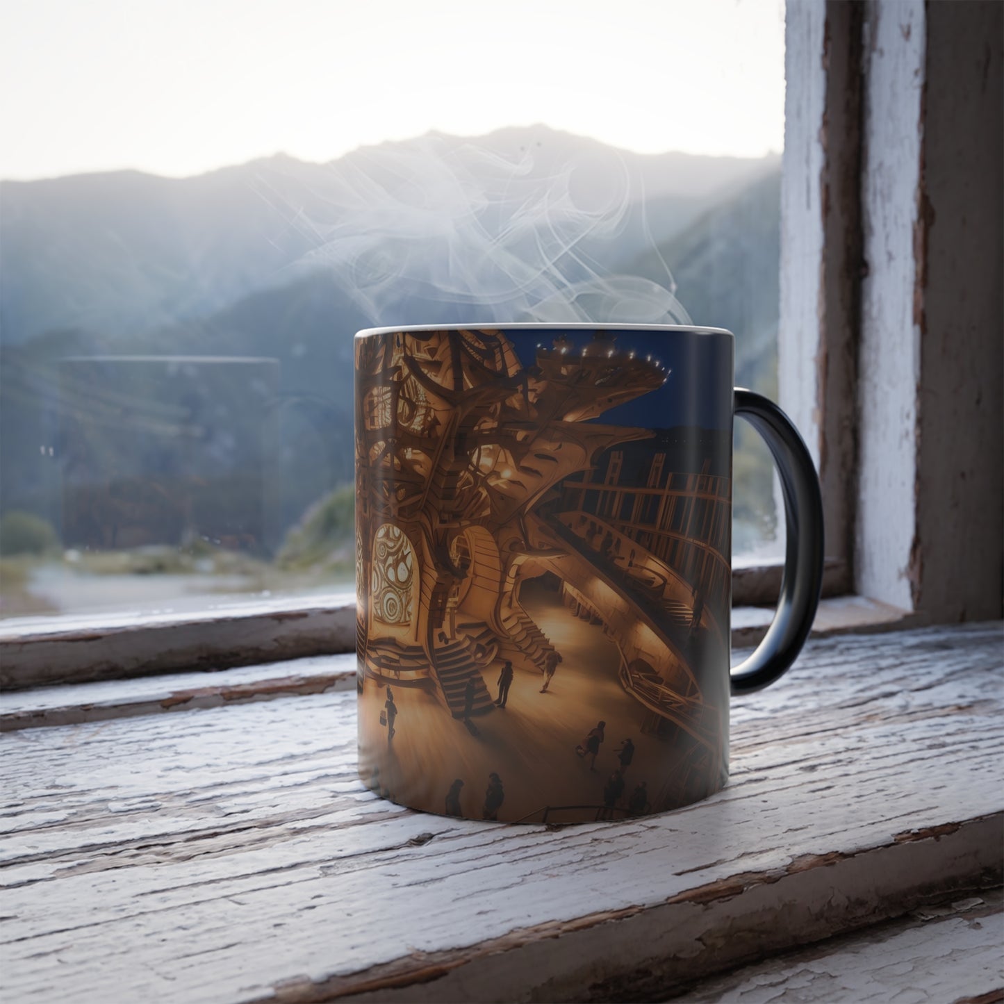 A colossal wooden and metal structure resembling a labyrinth at the Burning Man festival,  -  Color Morphing Mug, 11oz