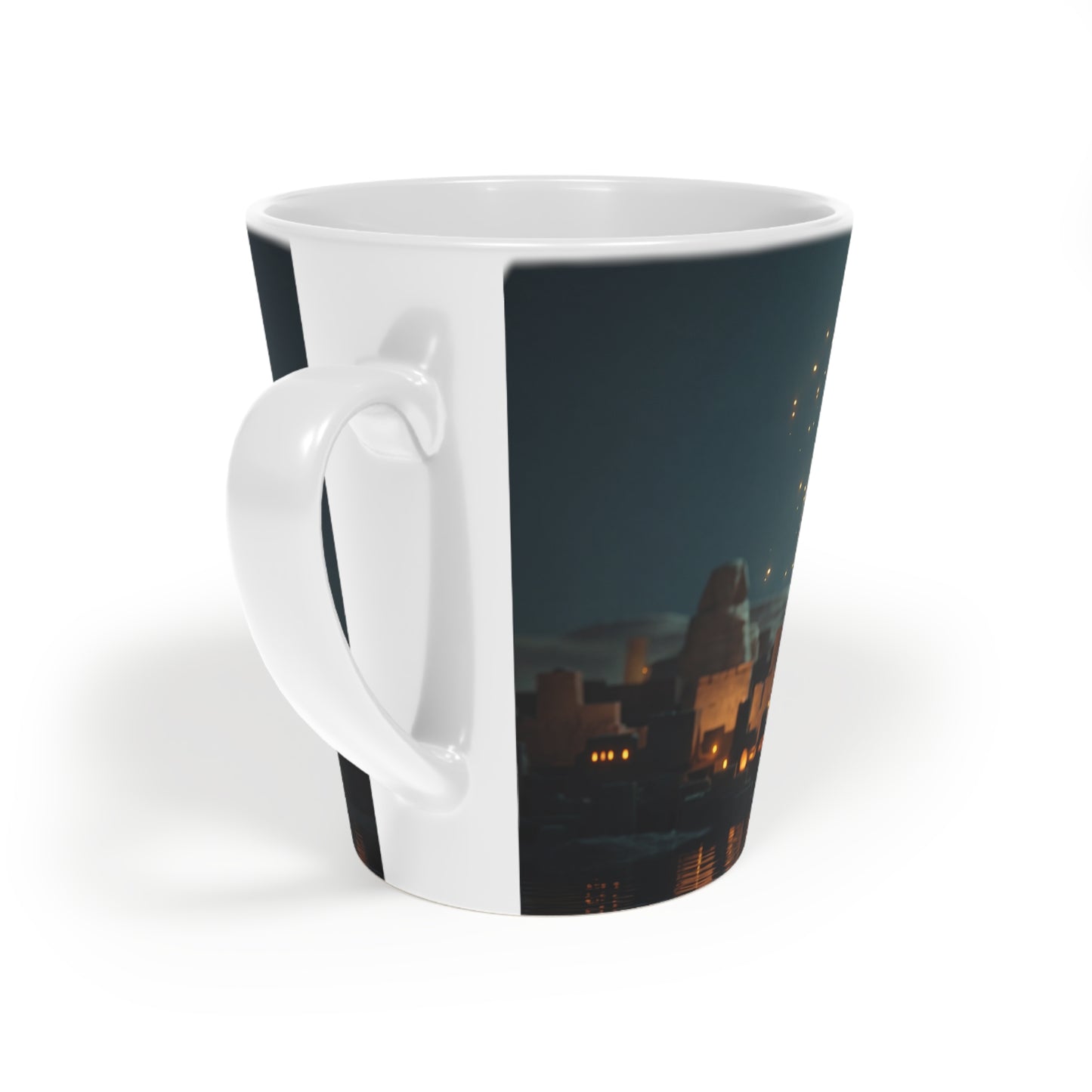 Golden Cat Guardian Latte Mug, 12oz – Pyramidal Nightwalk with Crescent Moon