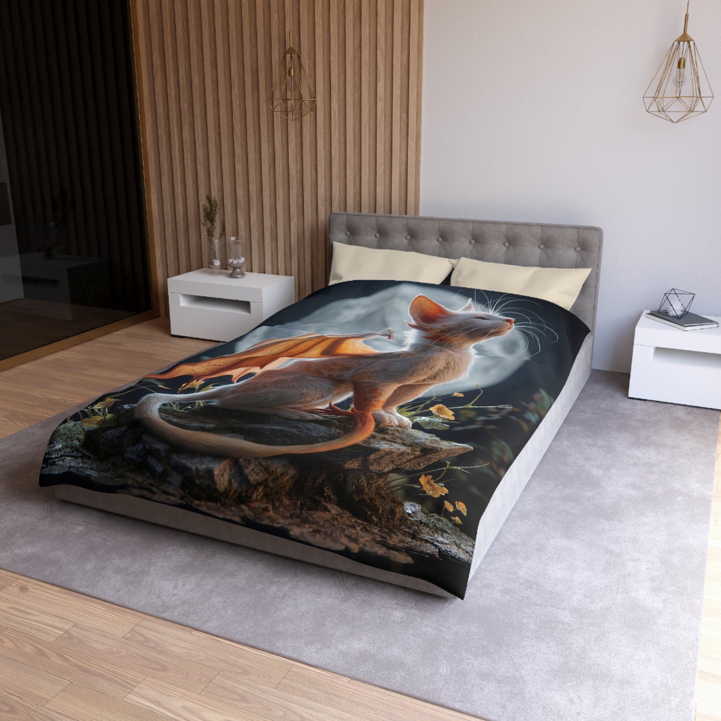 Lunar Dragon Cat Microfiber Duvet Cover – Moonlit Whispers on Your Bed
