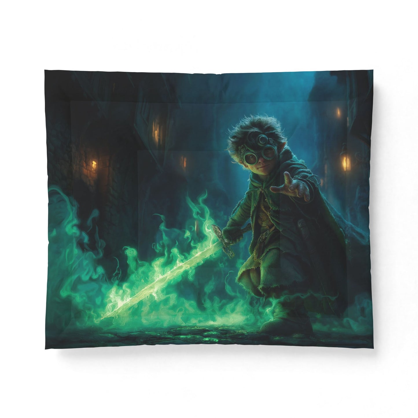 Green Flame Sentinel Comforter – Moss-Guarded Alleyway Dreamscape
