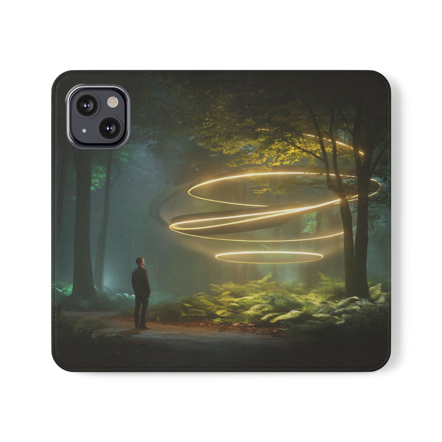 Luminous Spiral Forest Flip Cases – Golden Light Rings Mystery Scene