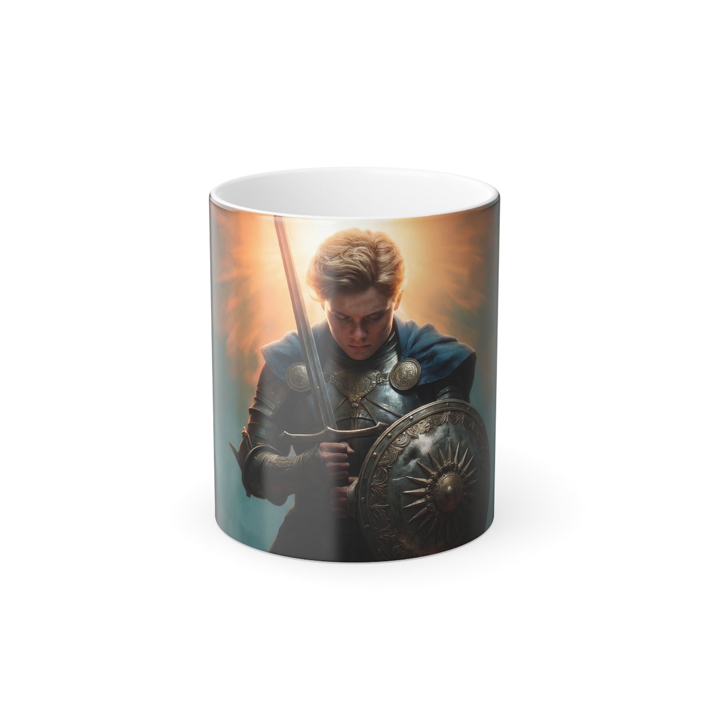 Dawn-Kissed Knight Color Morphing Mug, 11oz – Radiant Resolve in Steel and Light