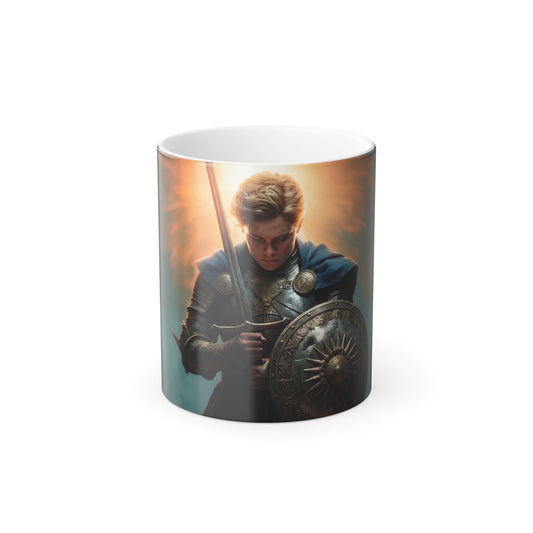 Dawn-Kissed Knight Color Morphing Mug, 11oz – Radiant Resolve in Steel and Light