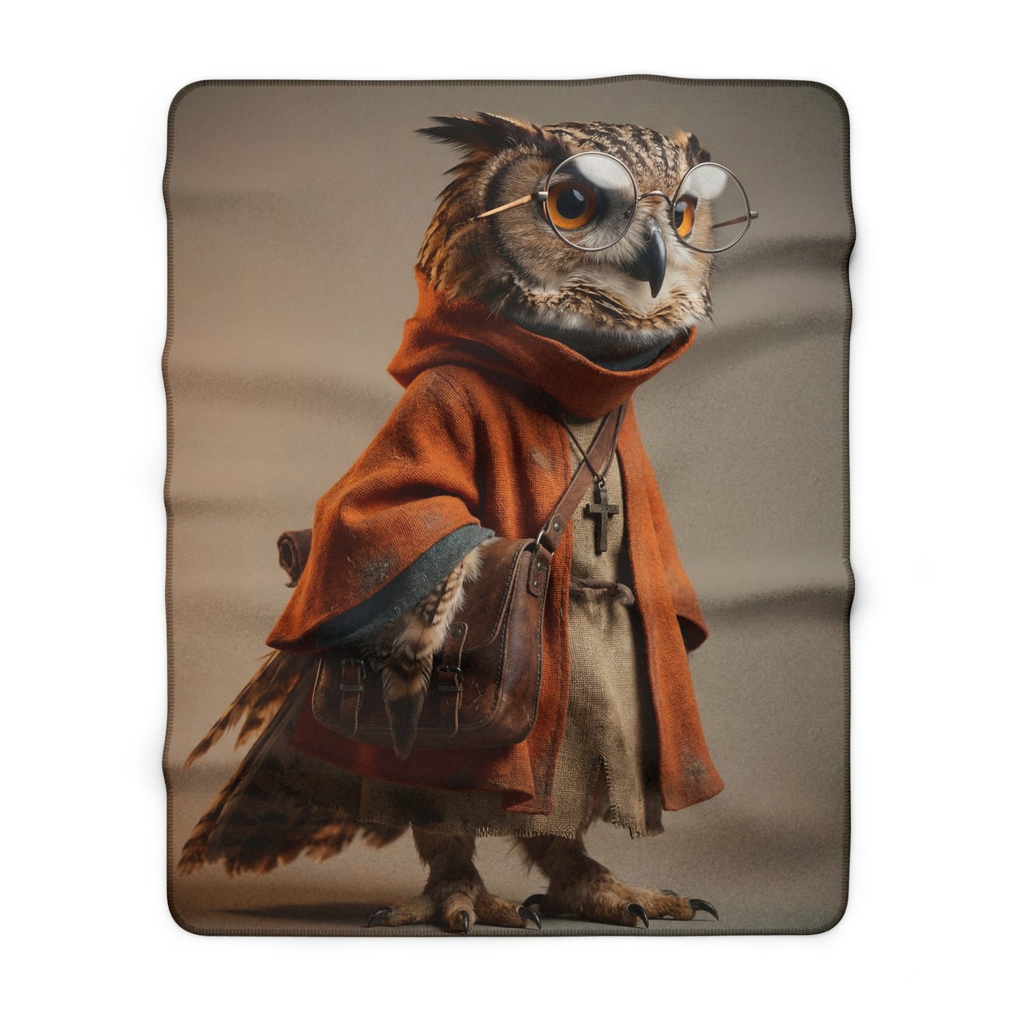 Goggles-Swelled Owl Traveler Sherpa Fleece Blanket – Rust Robe and Leather Satchel Portrait