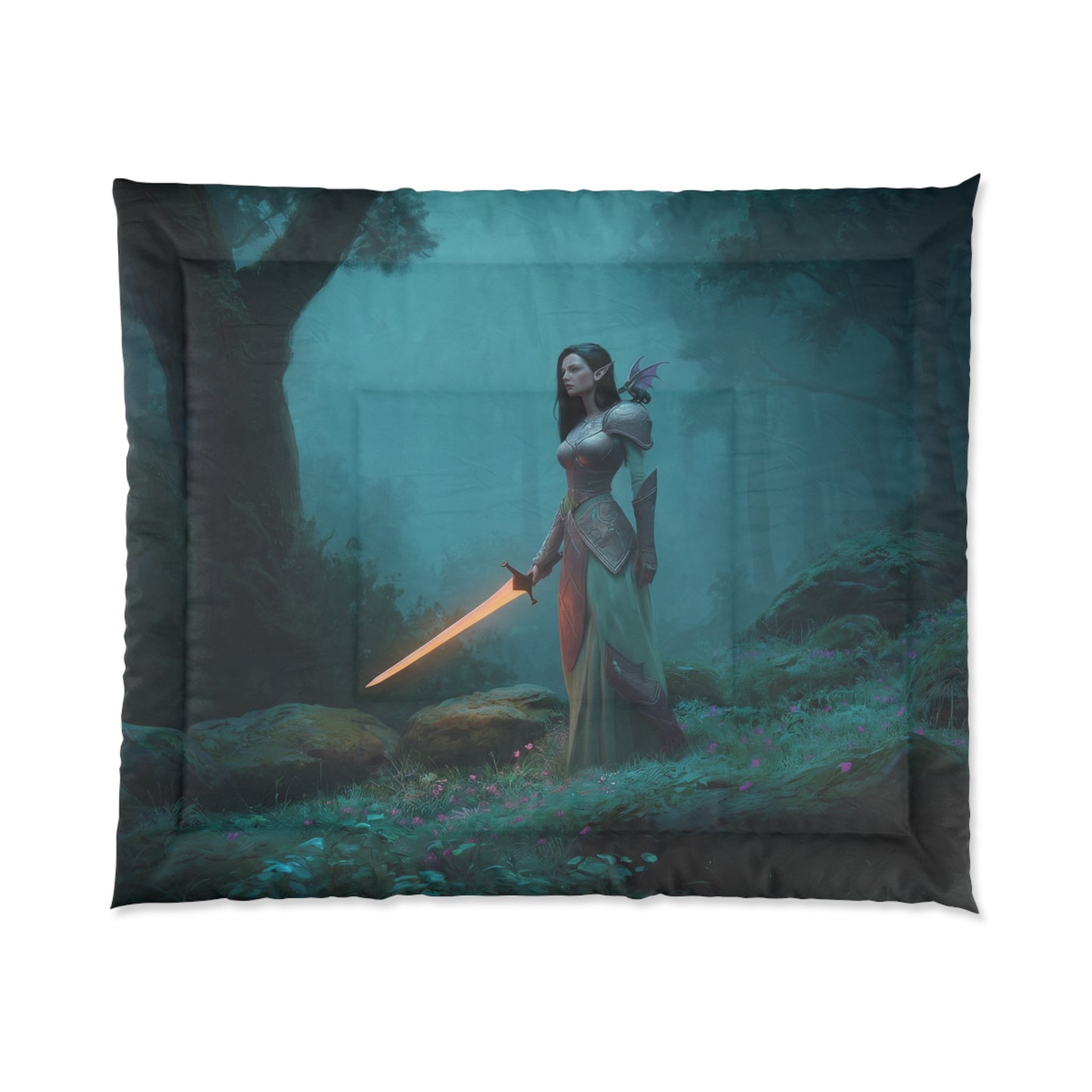 Elven Sentinel Forest – Glowing Blade Guardian Comforter