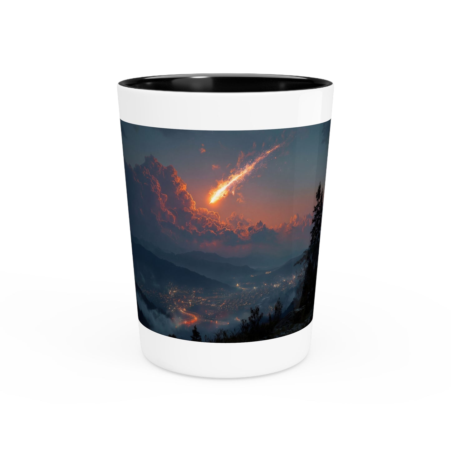 Meteor Shower Shot Glass – Fiery Comet Over Mountain City