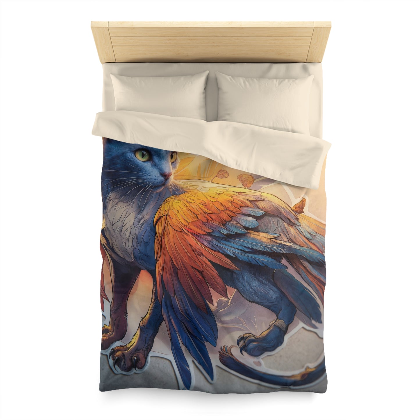 Azure Winged Cat Microfiber Duvet Cover – Sunset Guardian Dreamscape