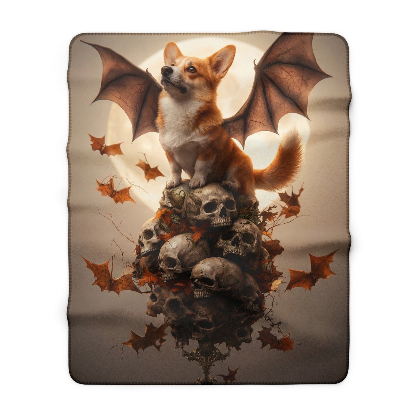 Winged Corgi Over Skull Tower Sherpa Fleece Blanket – Autumn’s Haunted Guardian
