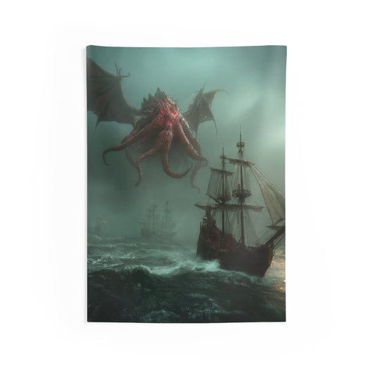 Leviathan’s Wrath Indoor Wall Tapestries – Storm-Swept Seascape with Winged Horror