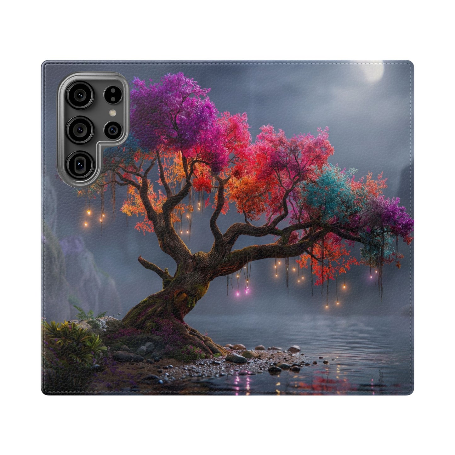 Chromatic Canopy Flip Cases – Rainbow Tree Moonlit Waterfall Scene
