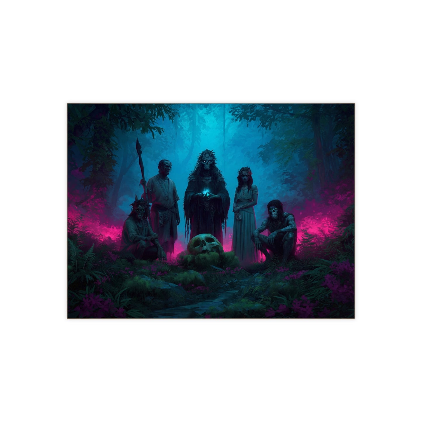 Bone Circle Forest Guardians Ceramic Photo Tile – Twilight Ceremony in Neon Veil