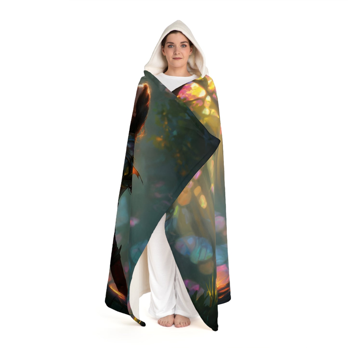 Crystal Canopy Sentinel – Hooded Sherpa Fleece Blanket – Dragon Companion Resting in Sunlight