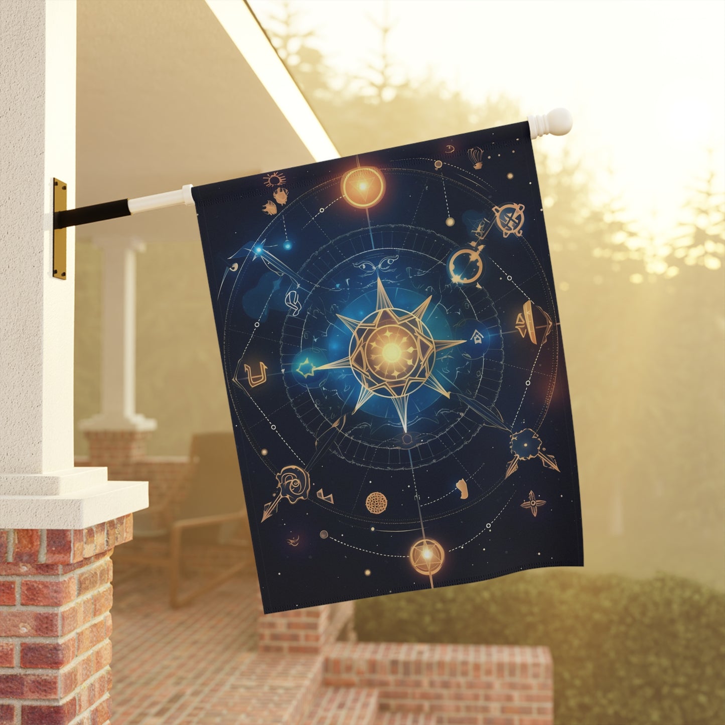 8K, high resolution detailed vector illustration poster, stars, celestial symbols, glowing accents - Garden & House Banner