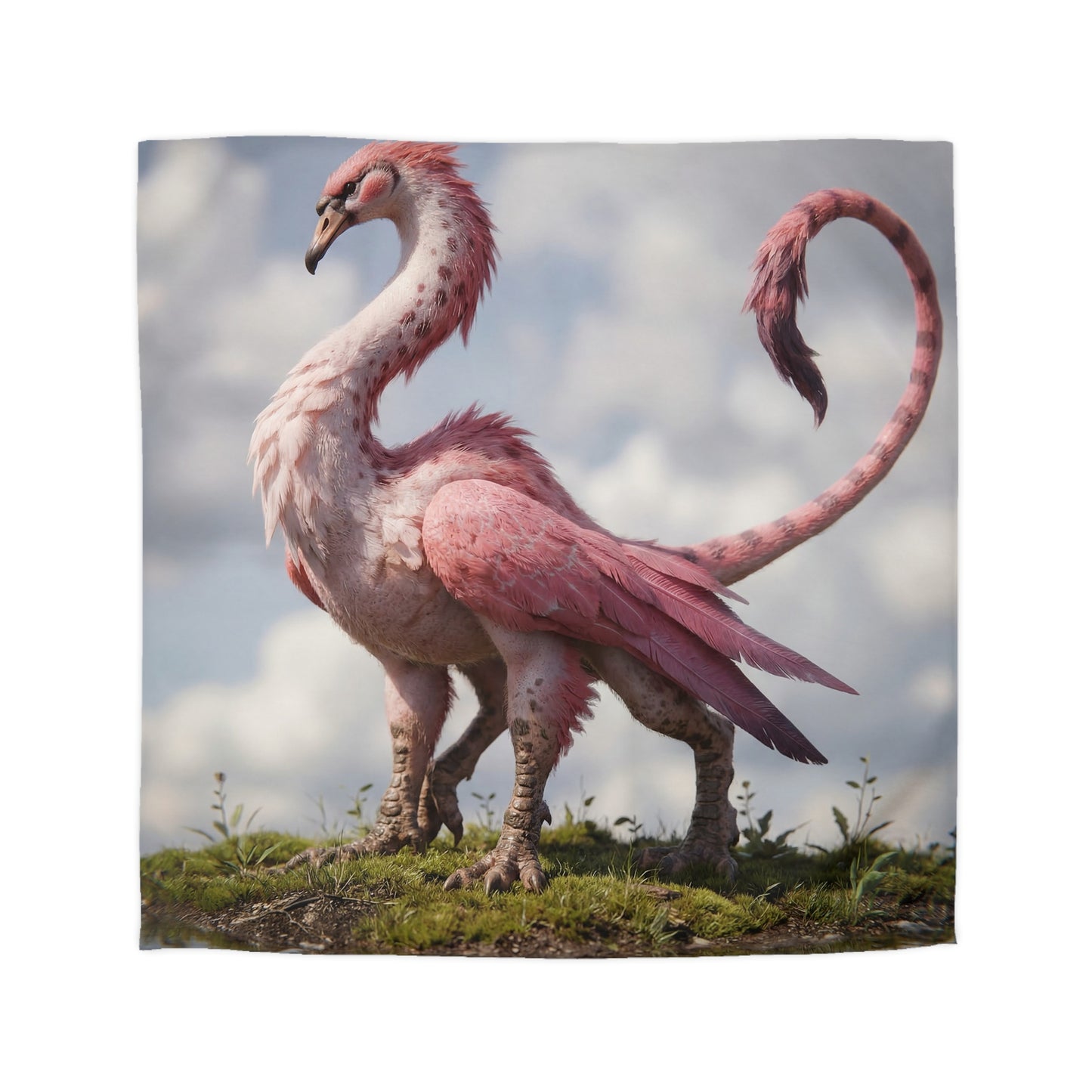 Pink Dawn Sentinel Duvet Cover – Soft Feathers on a Misty Shore