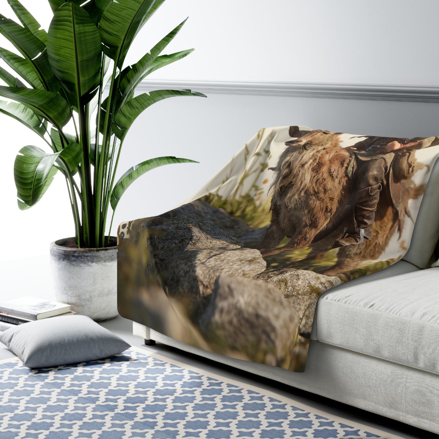 Boy with Antlered Deer Sherpa Fleece Blanket – Sunlit Mountain Guardian