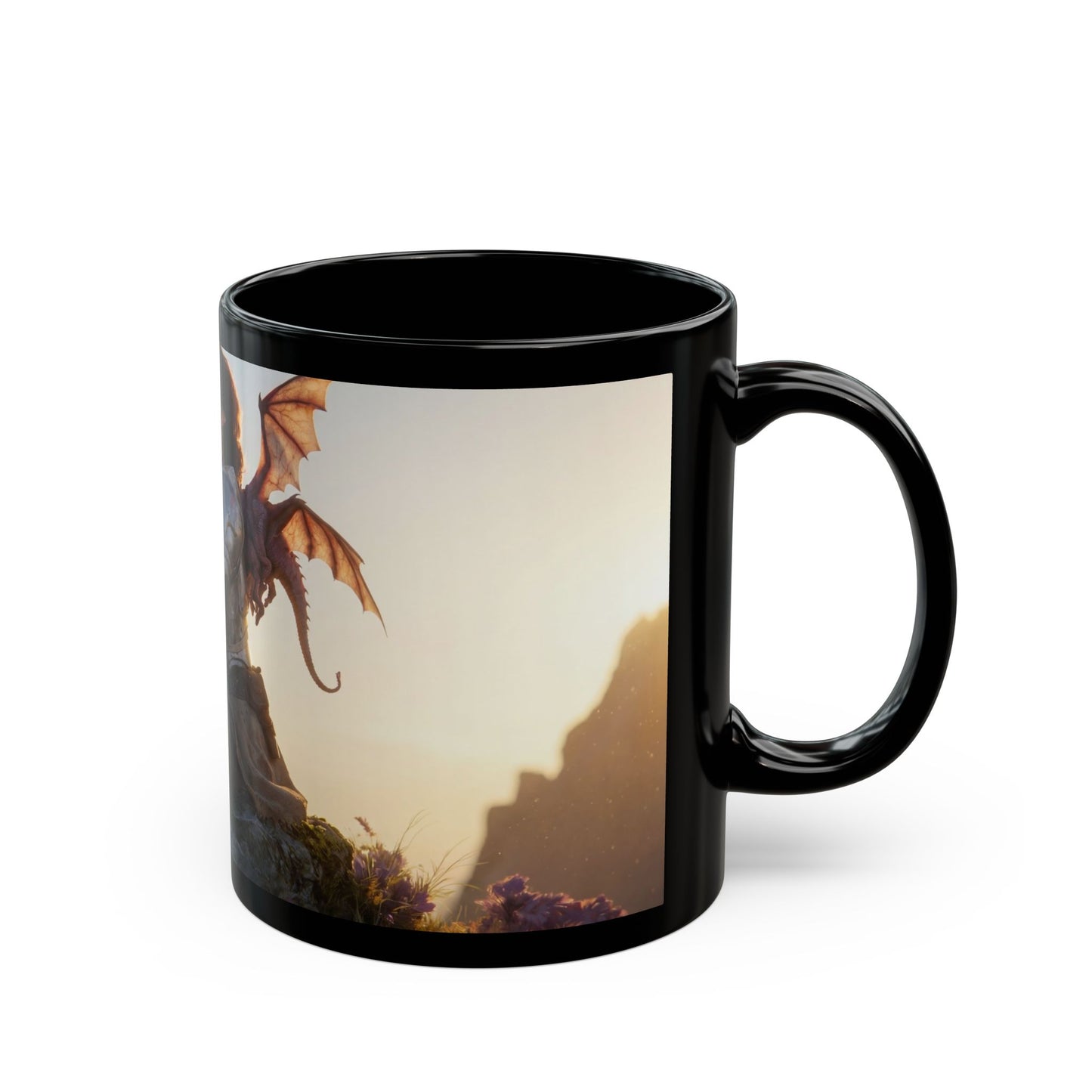 Dragon Knight and Tiny Dragon Black Mug – Sunset Sentinel Dreamscape
