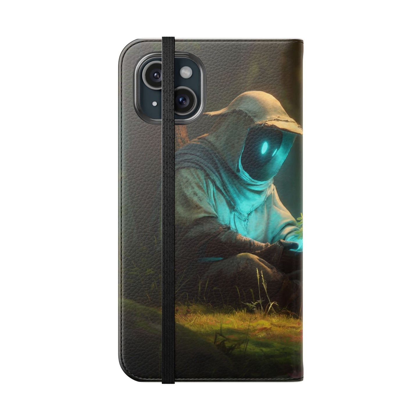 Glowing Orb Hooded Guardian Flip Cases – Bioluminescent Forest Keeper