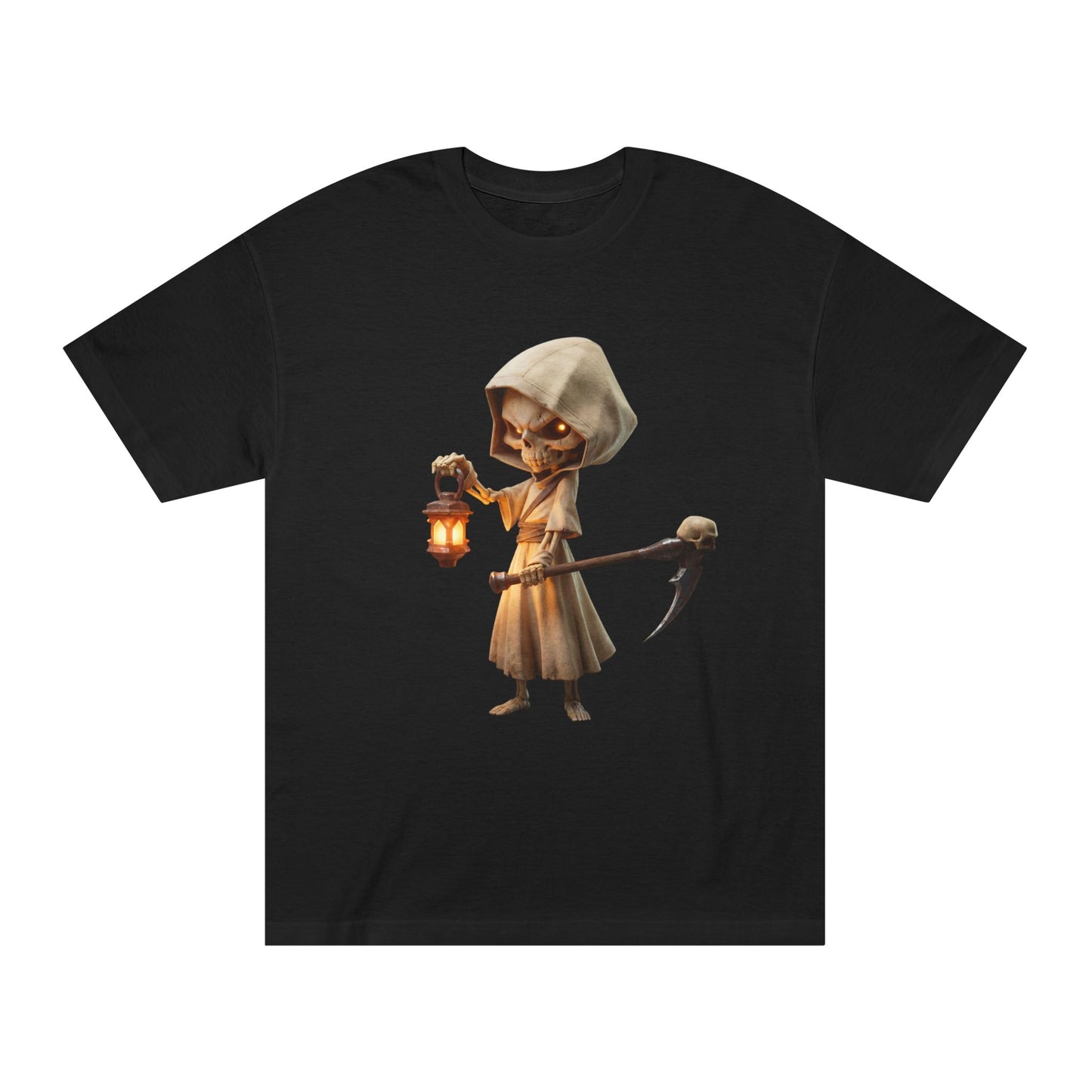 Lantern-Bearing Reaper Unisex Classic Tee – Hooded Guardian with Scythe
