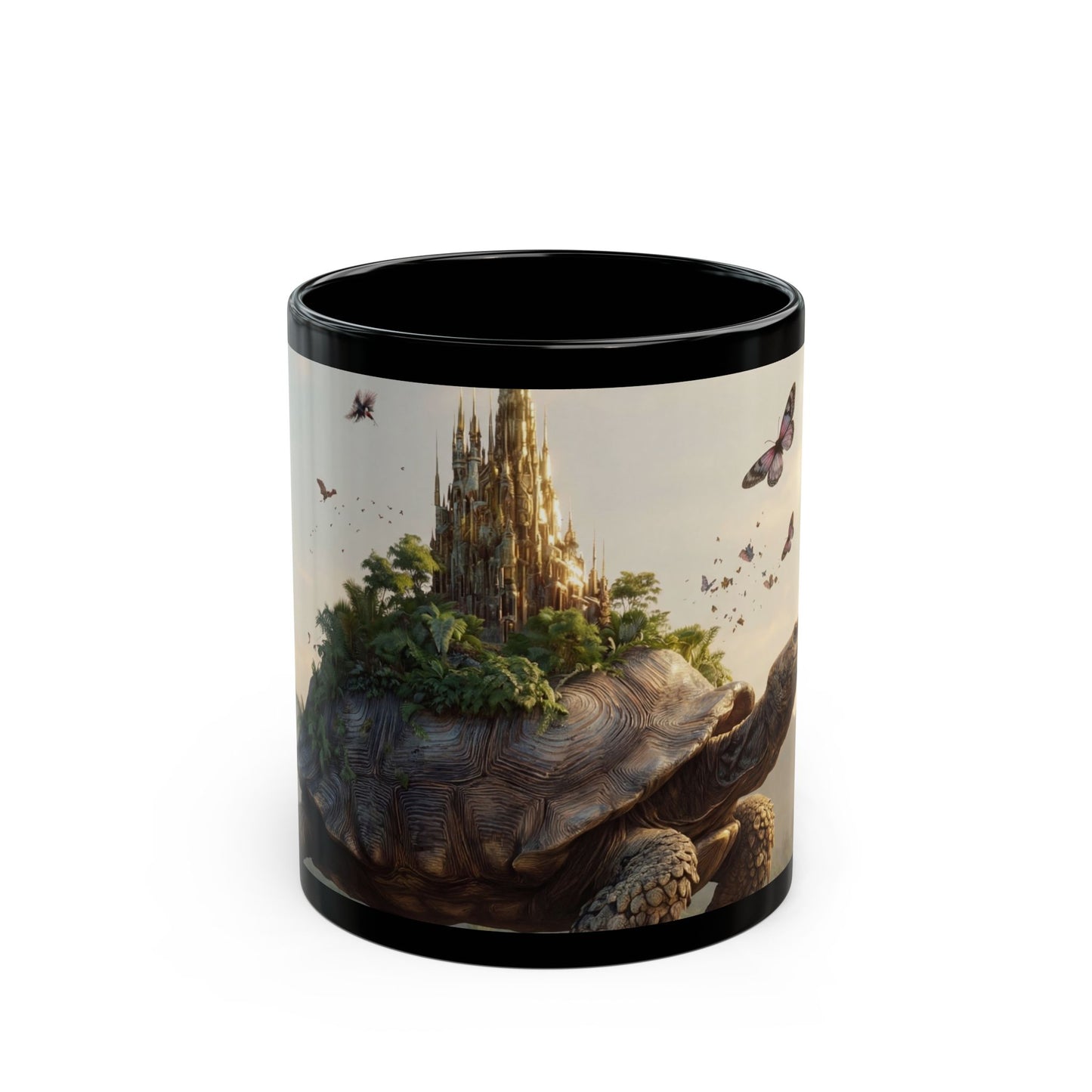 Castle on Turtle’s Back Black Mug – Sunlit Jungle Sanctuary