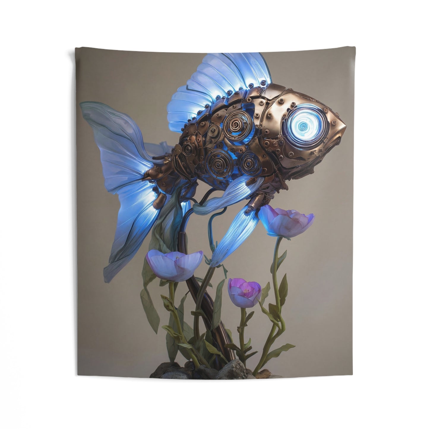 Steampunk Goldfish Indoor Wall Tapestries – Glowing Mechanical Bloom