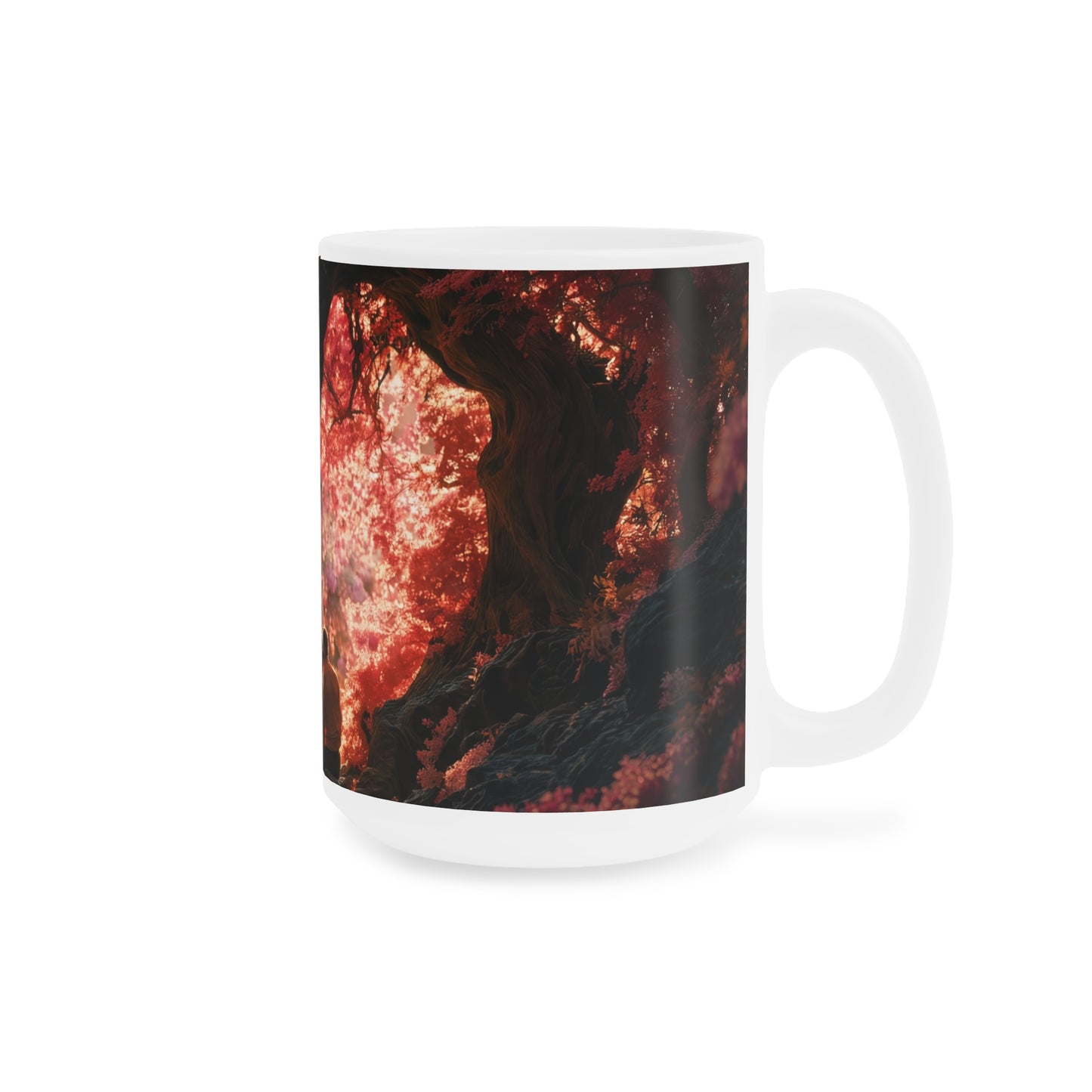 Crimson Canopy Ceramic Mugs (11oz\15oz\20oz) – Whispering Love in a Heartwood Grove