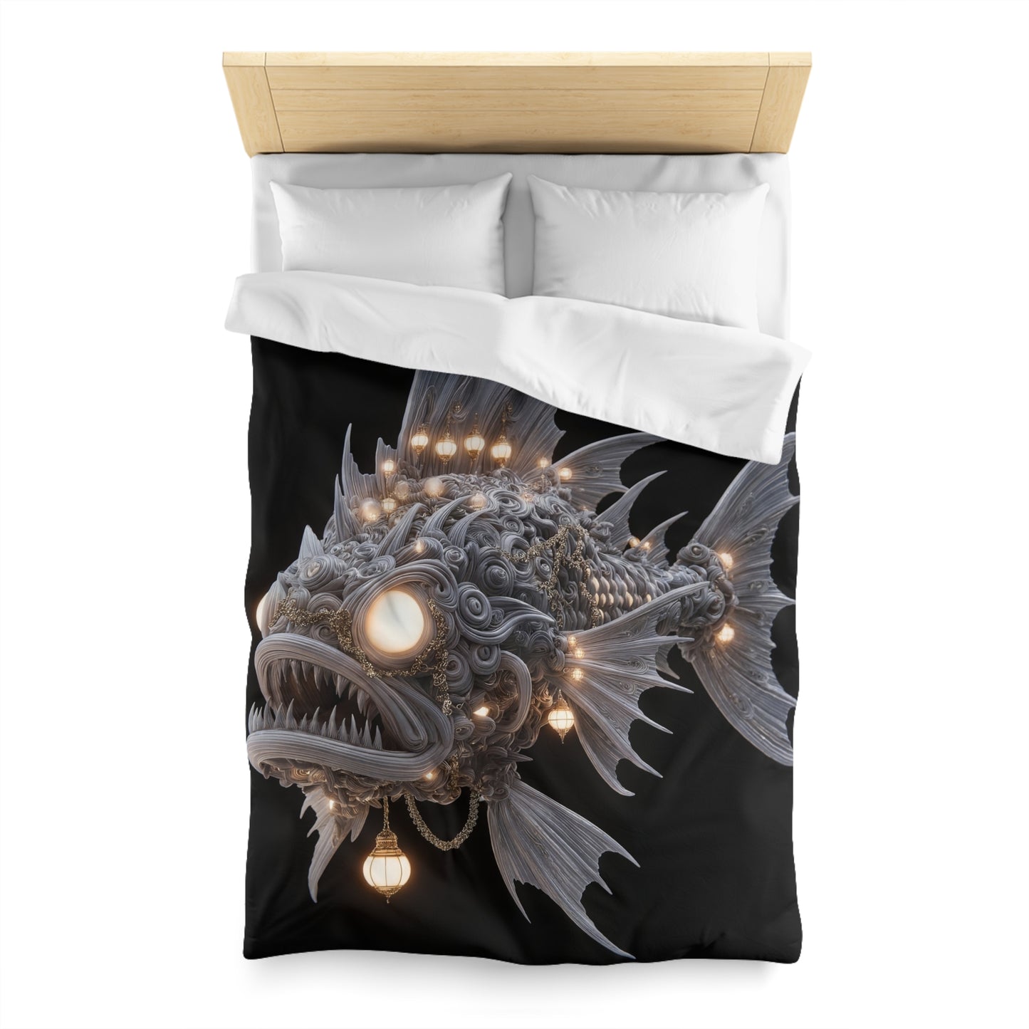 Lantern-Filled Deep-Sea Sentinel Microfiber Duvet Cover – Bioluminescent Abyss Dreamscape