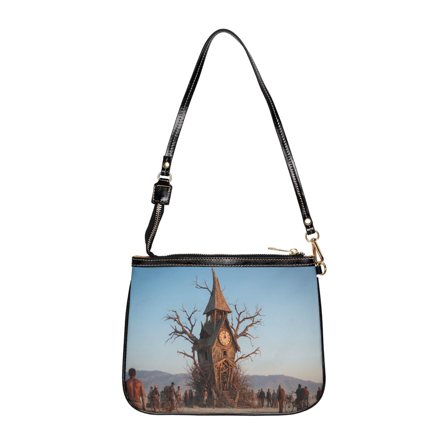 Clock Tower in the Desert Tree Small Shoulder Bag – Whimsical Timekeeper in a Withered Grove