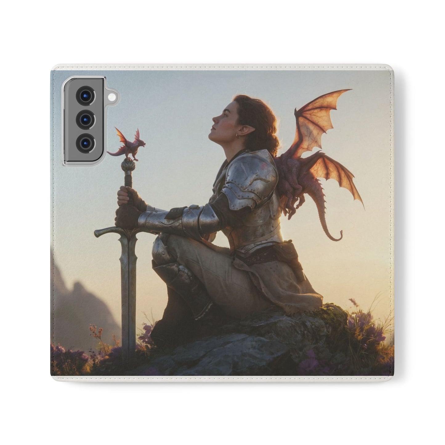 Dragon Knight Flip Cases – Sunlit Sentinel with Mini Drake and Sword