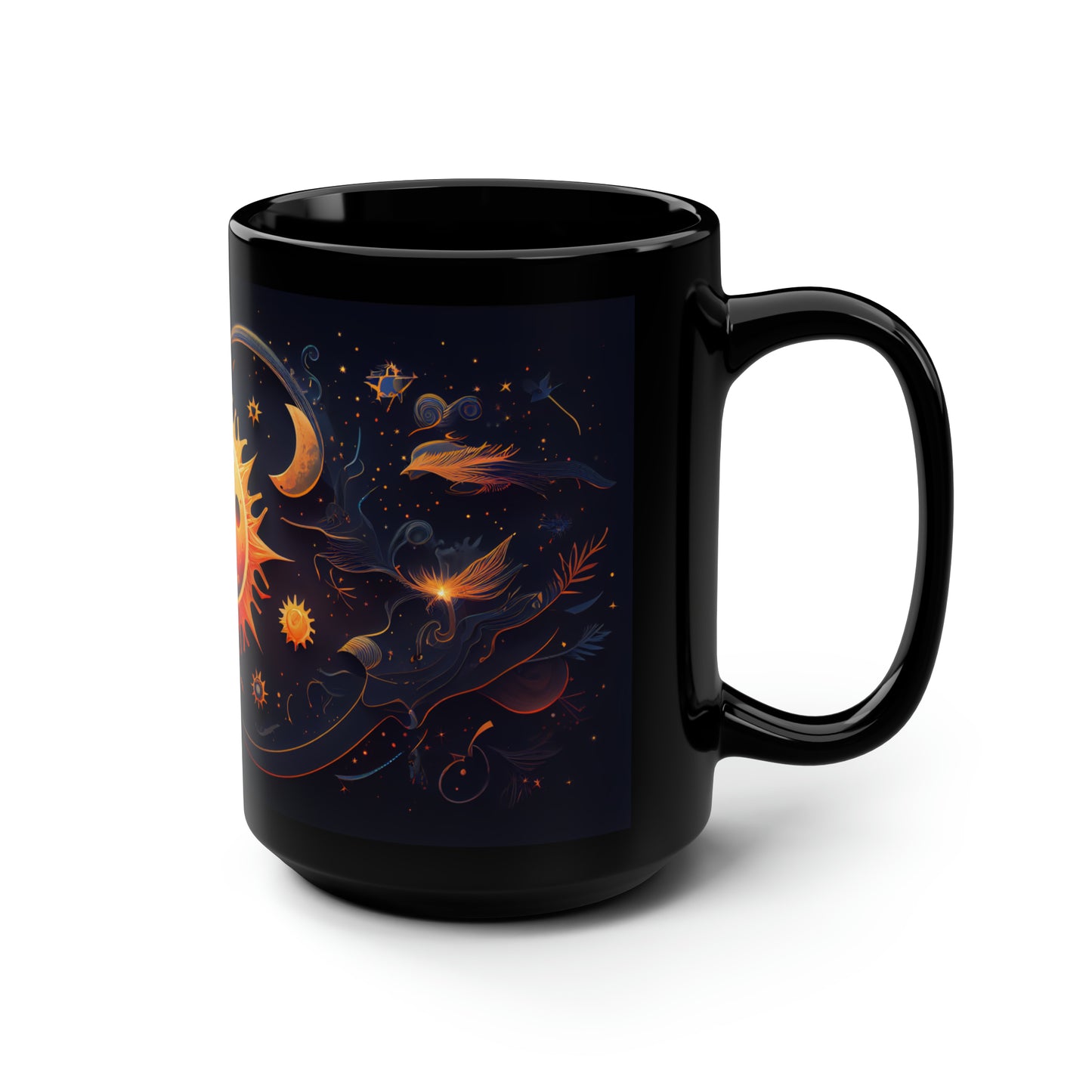 8K, high resolution detailed vector illustration poster, sun, celestial symbols, glowing accents - Mug, Black