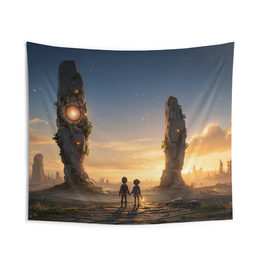 Twin Wanderers Tapestry – Sunset Portal Between Ancient Stones