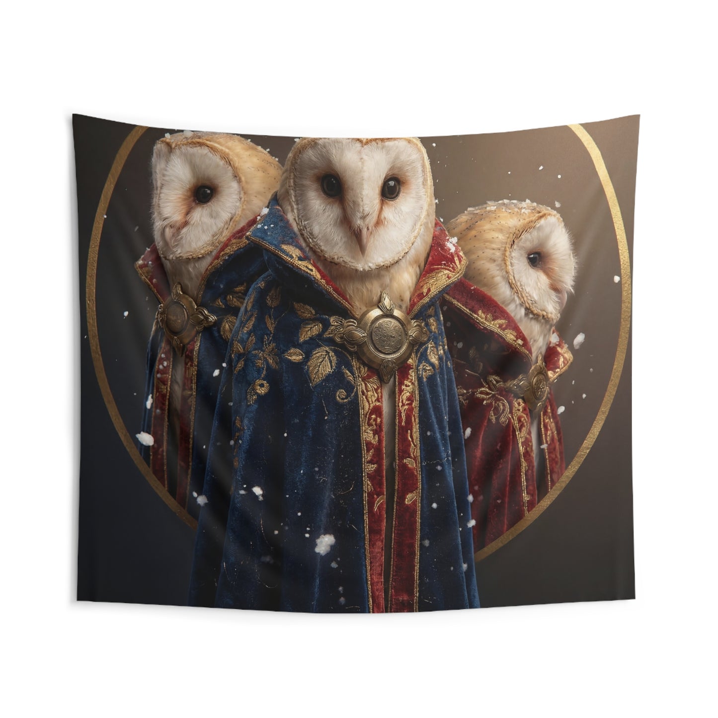 Three Wise Owls Indoor Wall Tapestries – Velvet Cloaks in Winter’s Hush
