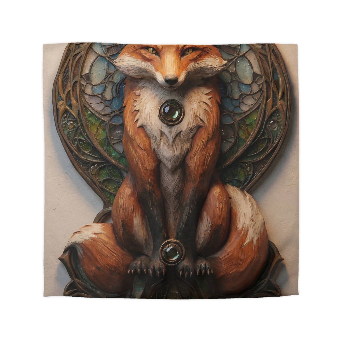 Fox Sentinel Microfiber Duvet Cover – Warm Amber Guardian in Stained Glass