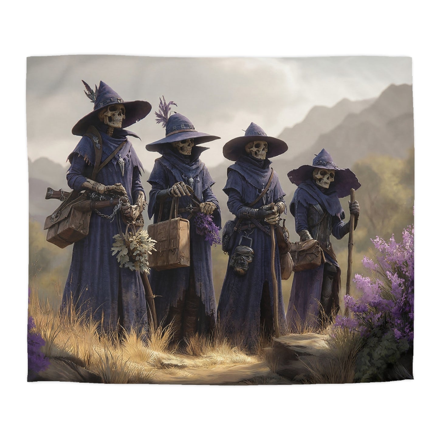 Four Wandering Skeletal Witches Microfiber Duvet Cover – Purple Hooded Guardians of the Wildflower Path