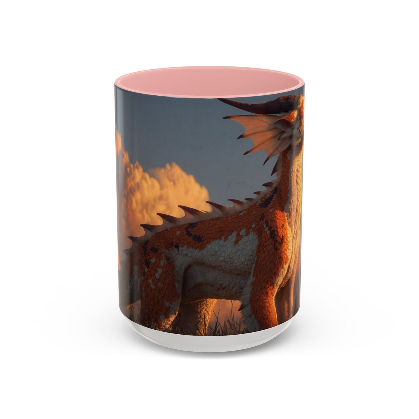 Sunset Dragon Accent Coffee Mug (11, 15oz) – Warm Ember Guardian in Golden Grasses