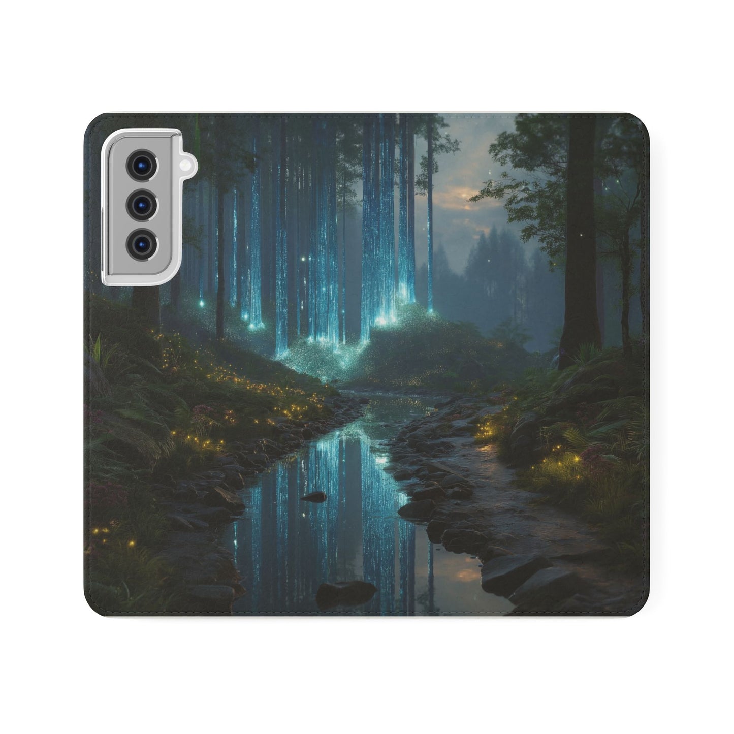 Bioluminescent Forest Flip Cases – Cyan Lightfall Stream Cover