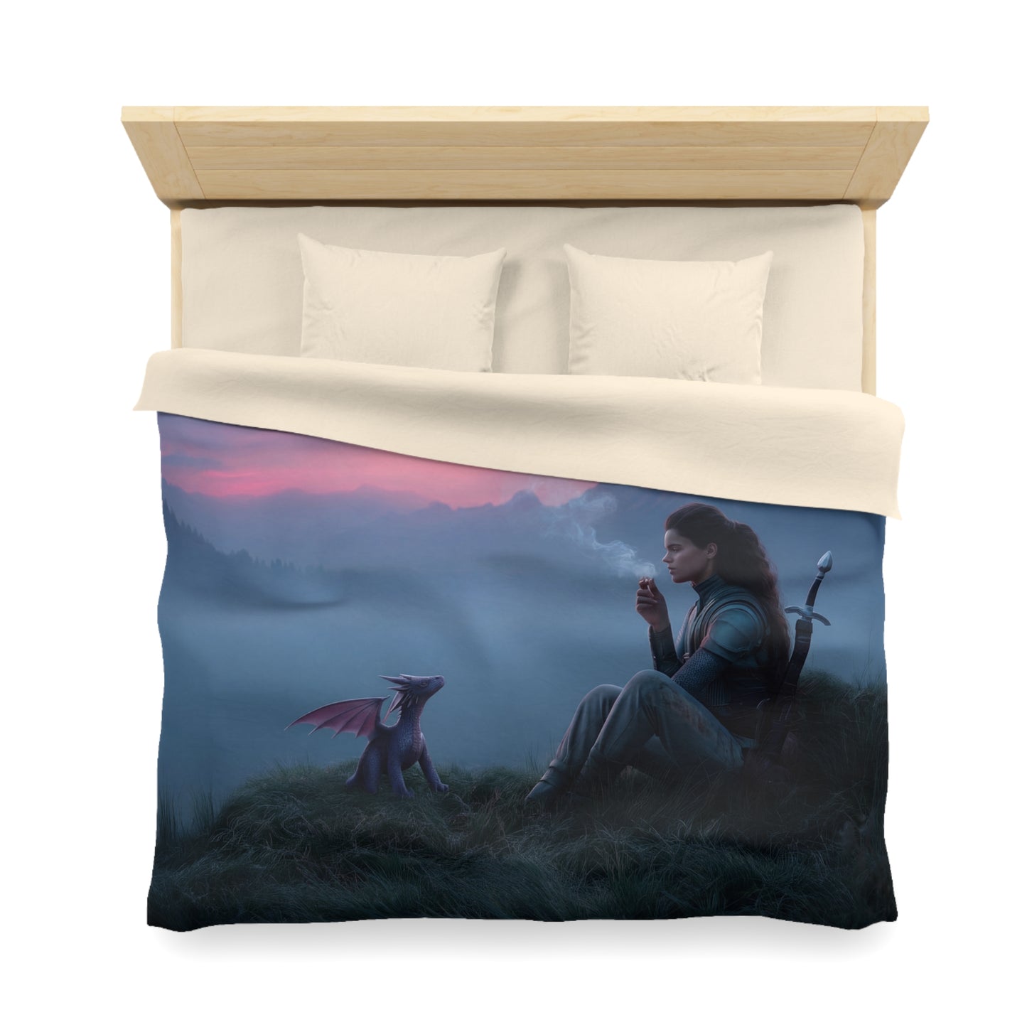 Dragon Guardian Duvet Cover – Misty Mountain Sentinel at Sunset