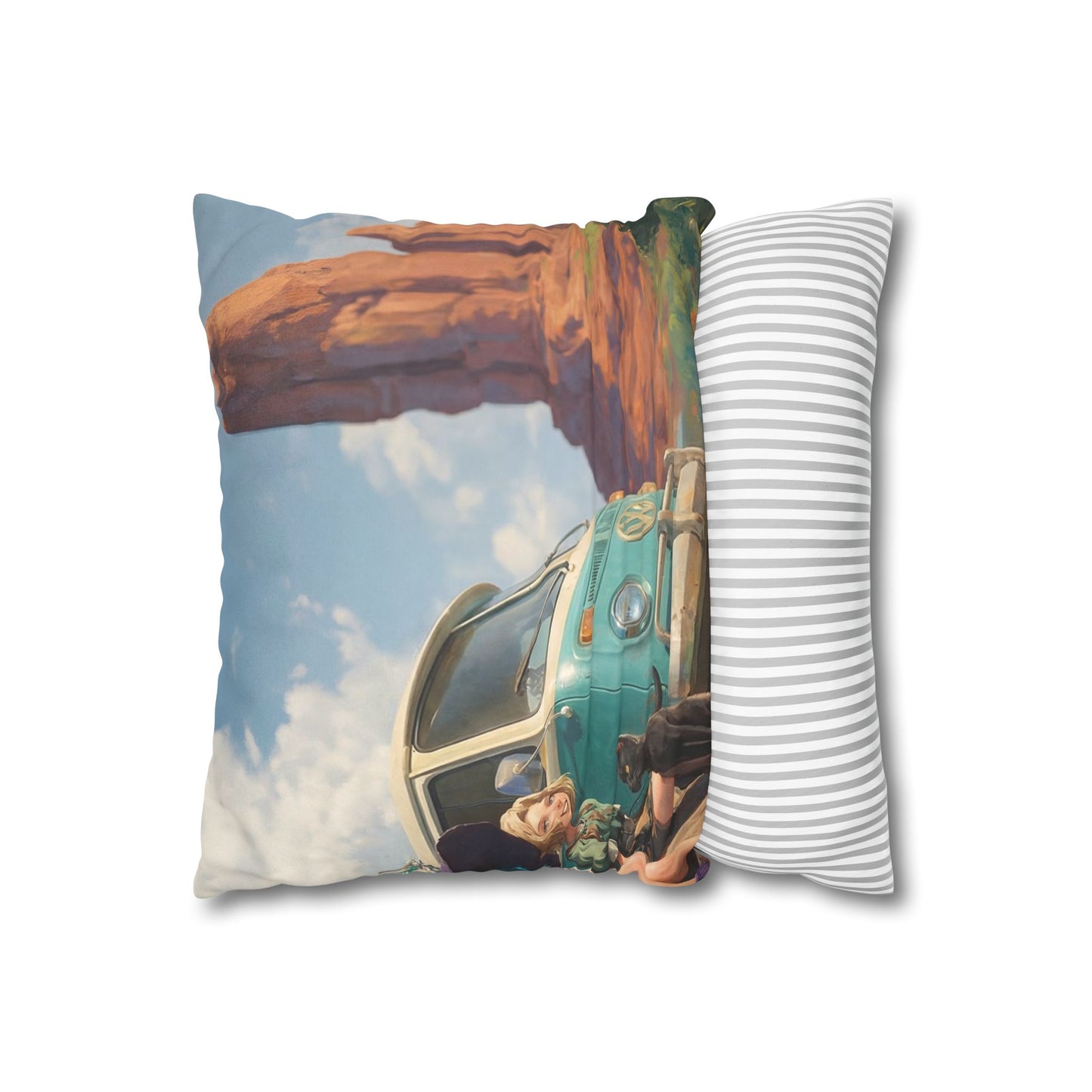 Wagon Ride Faux Suede Square Pillowcase – Desert Camper Adventure Scene