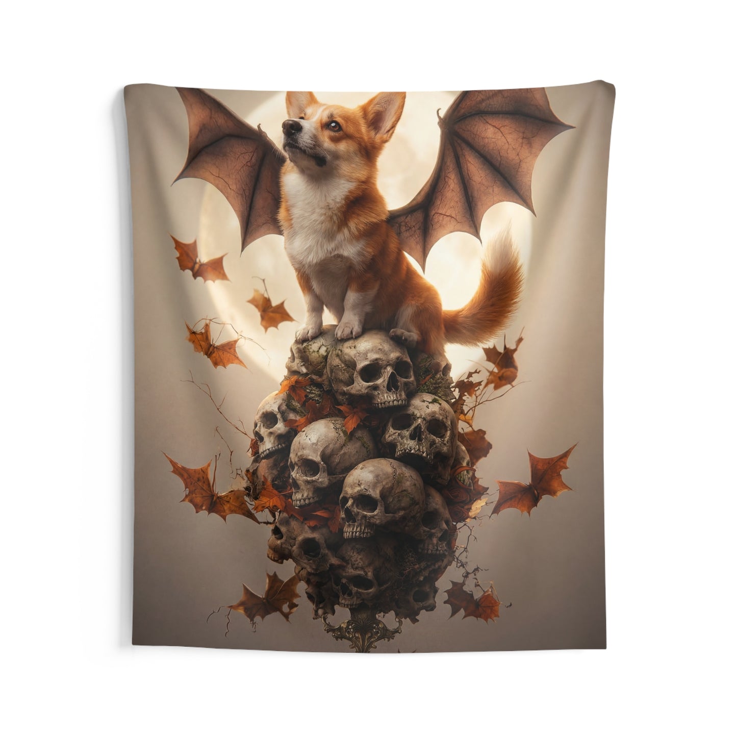 Bat-Winged Corgi Indoor Wall Tapestries – Moonlit Sentinel on Skull Throne
