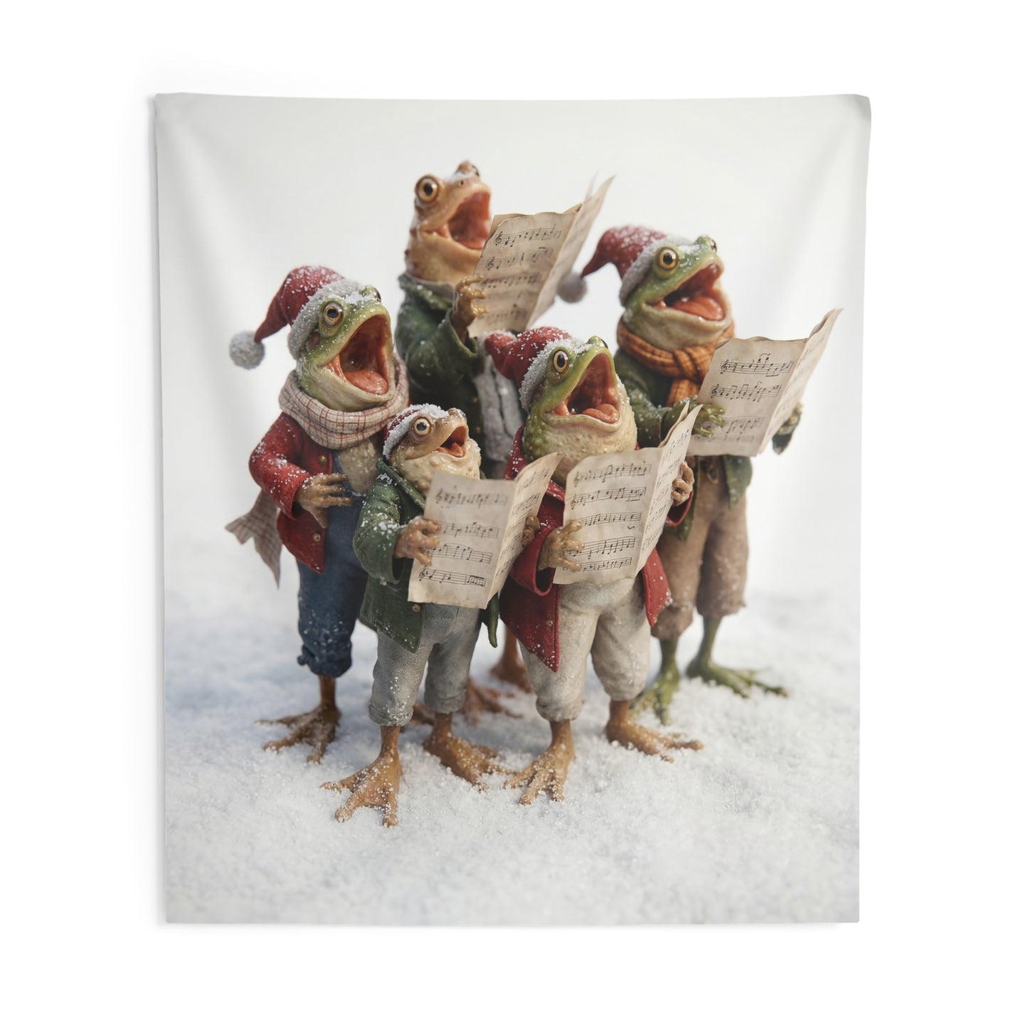 Frogs in Snow Choir Indoor Wall Tapestries – Winter Carolers in Festive Frost