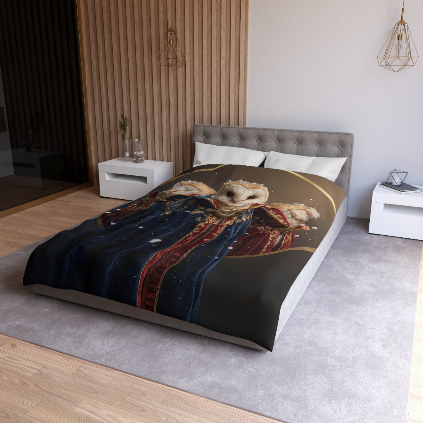 Three Owls in Velvet Cloak Duvet Cover – Winter Courtiers of the Snow