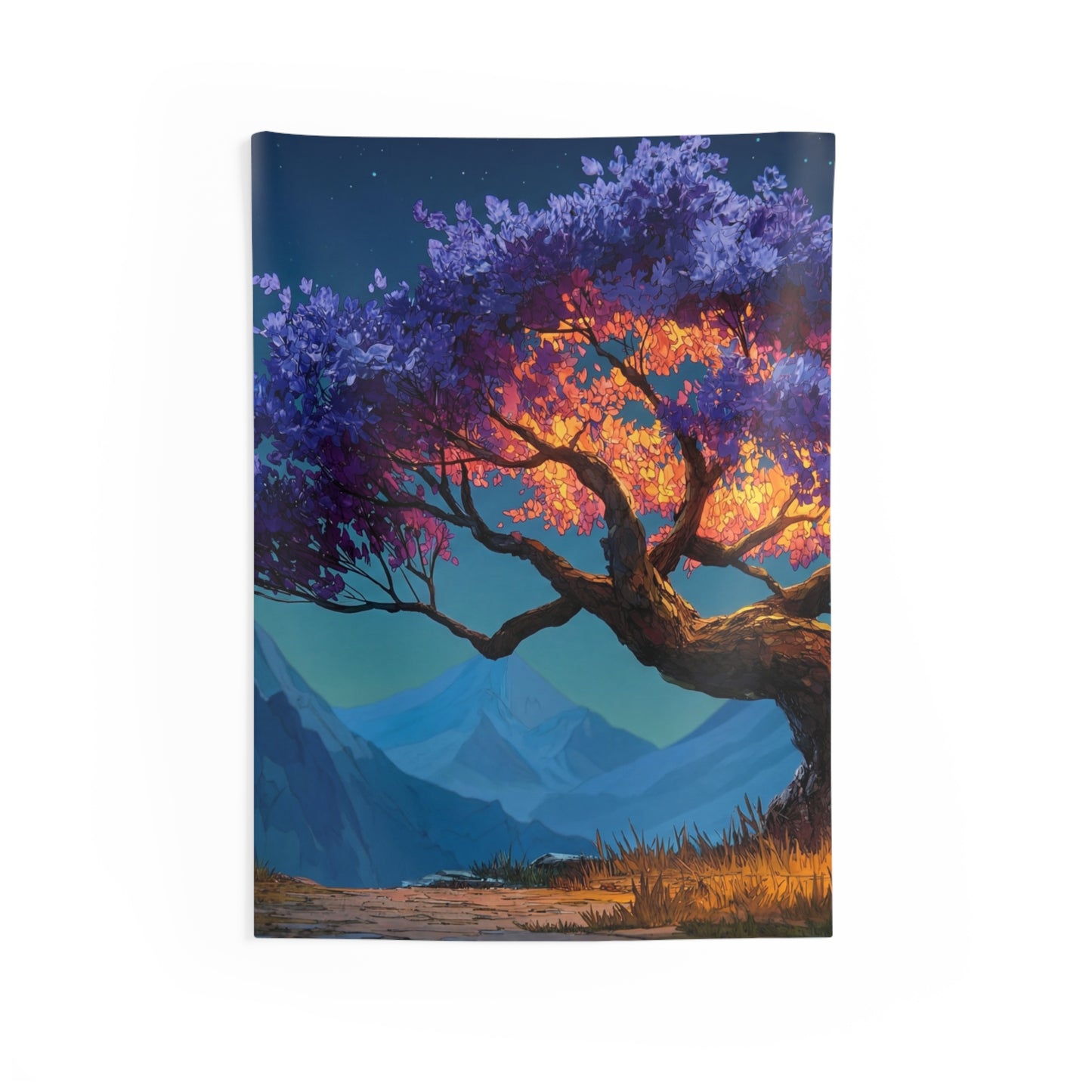 Celestial Tree Wall Tapestry – Twilight Bloom in Mountain Vale