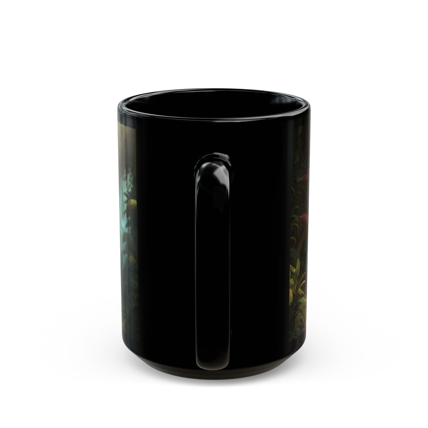 Mushroom Guardian Black Mug – Sunlit Jungle Sentinel
