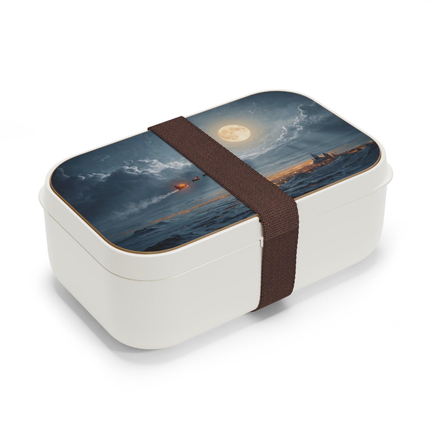 Midnight Reindeer Sleigh Bento Lunch Box – Glowing Lunar Journey Over Snow-Covered Town