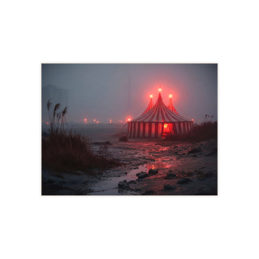 Midnight Circus Tent Ceramic Photo Tile – Glowing Red Canvas in Foggy Twilight