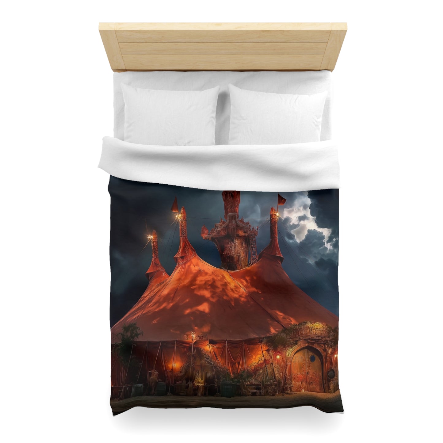 Crimson Carnival Tent Duvet Cover – City Lights Under Stormy Skies