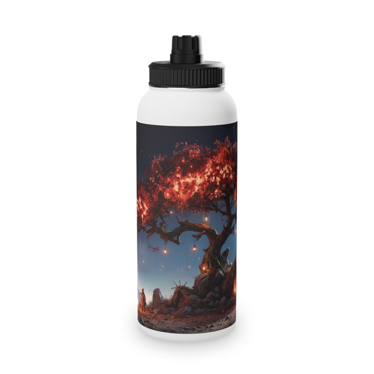 Whispering Ember Tree Stainless Steel Water Bottle, Sports Lid – Moonlit Campfire Sanctuary