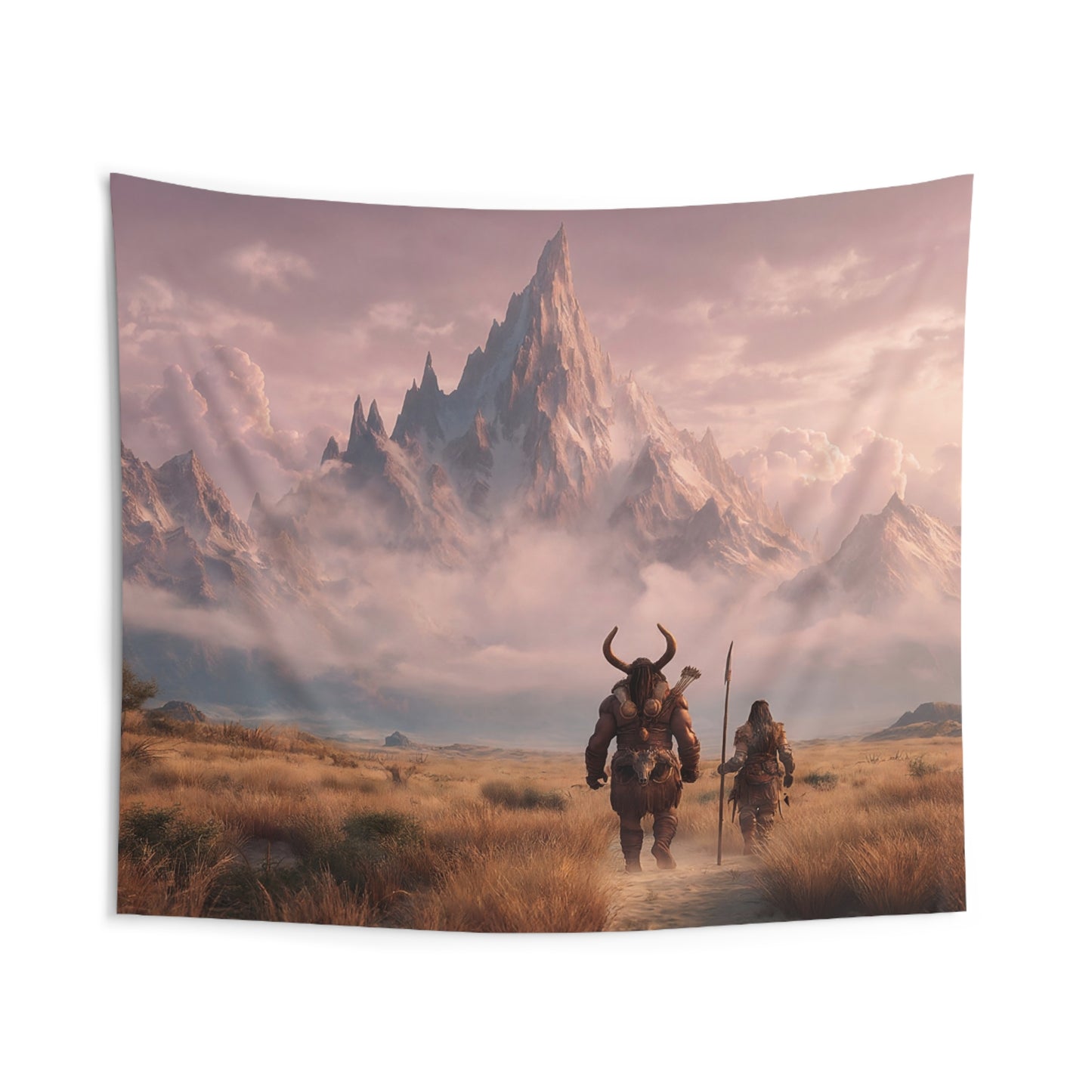 Two Travelers Before the Snow Crown Peak – Sunset Mountain Passage Wall Tapestry