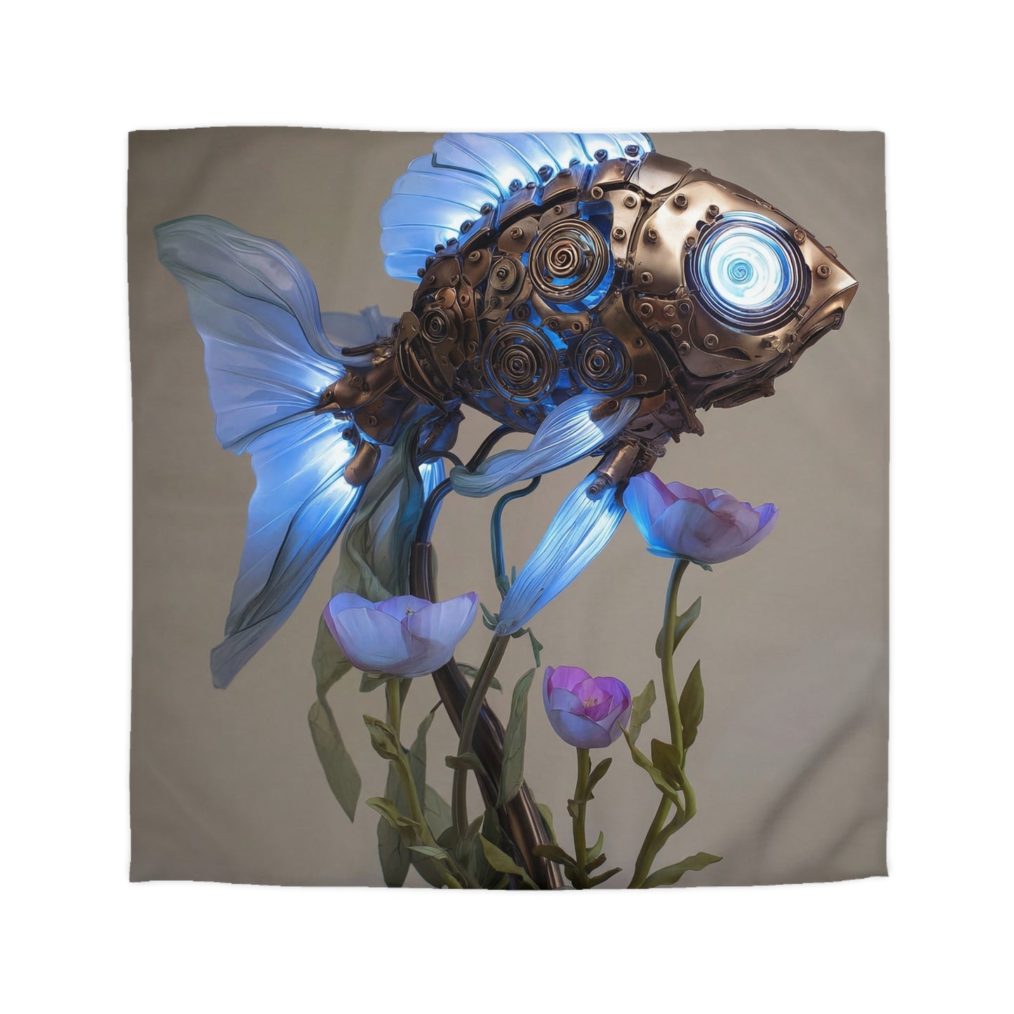 Steampunk Fish Microfiber Duvet Cover – Luminescent Gear & Petal Dreamscape